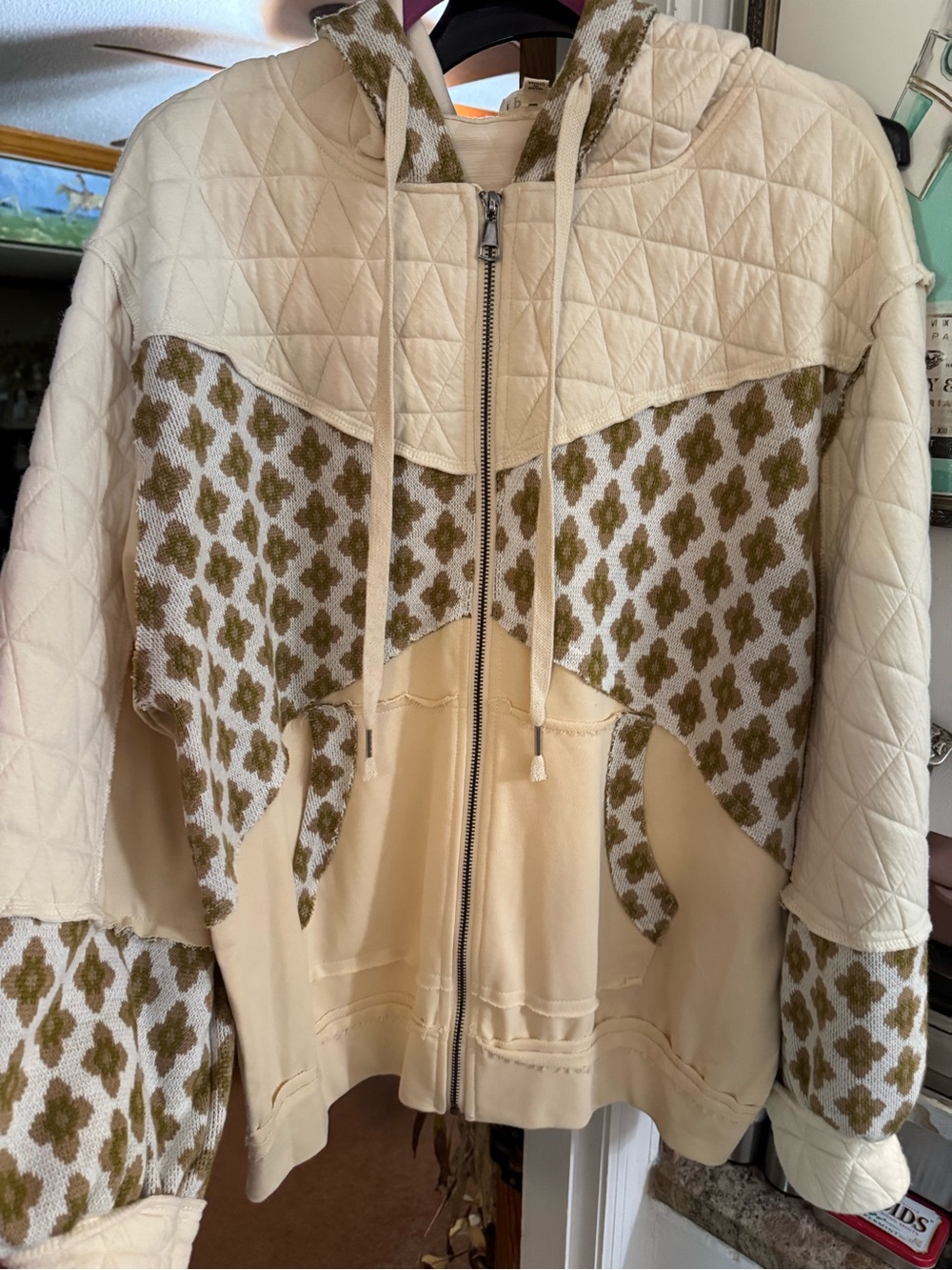 Pol Cream Zip Hoodie with Olive Pattern Details - Picture 1 of 6